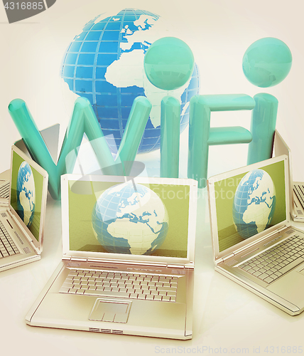 Image of Global concept of  WiFi connectivity between laptops. 3d render.