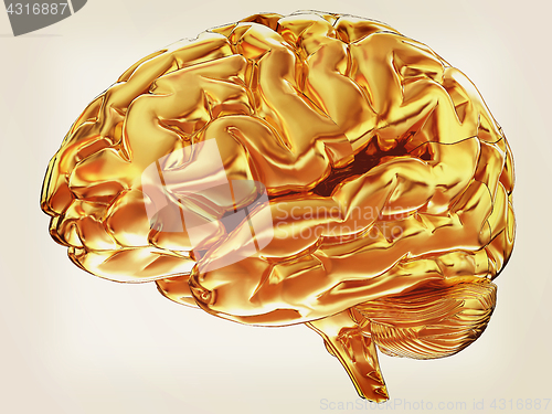 Image of Gold brain. 3d render. Vintage style.