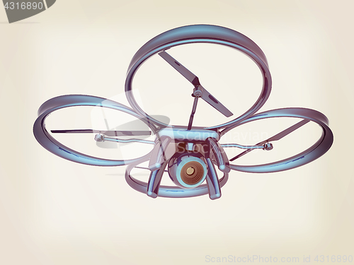 Image of Drone, quadrocopter, with photo camera flying. 3d render. Vintag