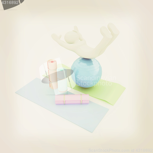 Image of 3d man on a karemat with fitness ball. 3D illustration. Vintage 