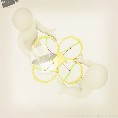 Image of 3d man with drone, quadrocopter, with photo camera. 3d render. 3