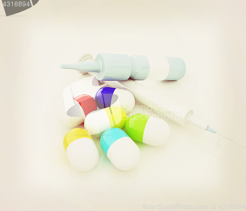 Image of Syringe, tablet, pill jar. 3D illustration. Vintage style.