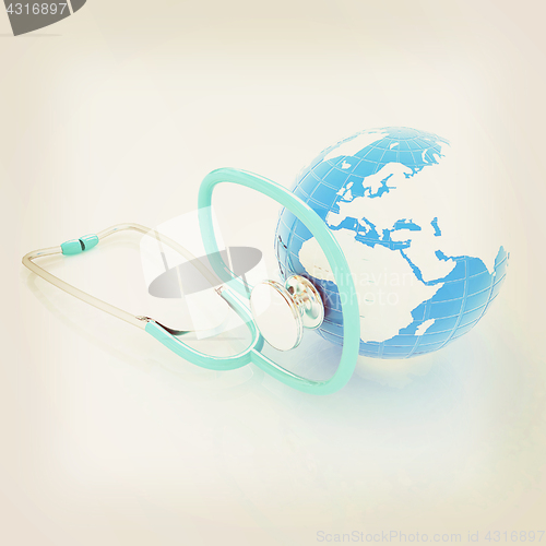 Image of stethoscope and globe.3d illustration. Vintage style.