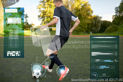 Image of soccer player playing with ball on football field