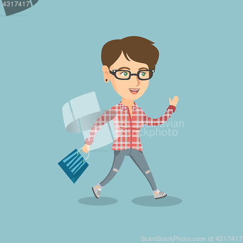 Image of Woman running in a hurry to the store on sale.