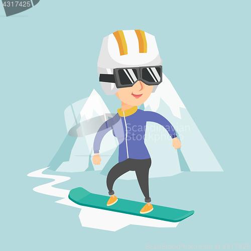 Image of Young caucasian woman snowboarding.