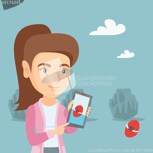 Image of Caucasian woman playing action game on smartphone.