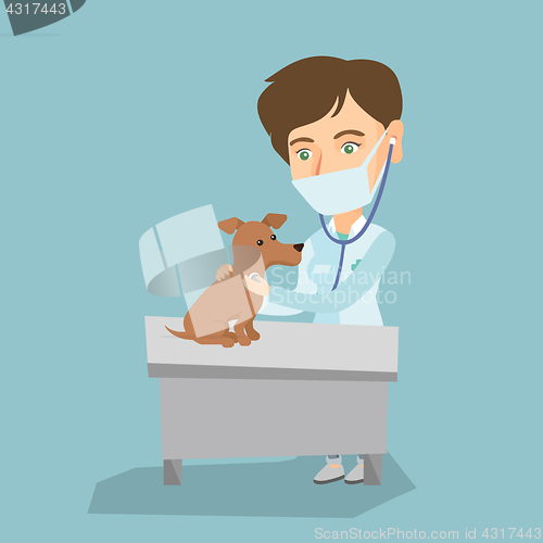 Image of Young caucasian veterinarian examining dog.