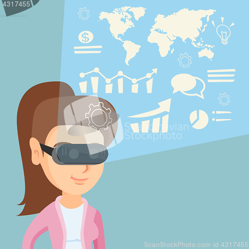 Image of Young woman in vr headset analyzing virtual data.