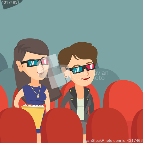 Image of Caucasian women watching 3D movie in the theatre.