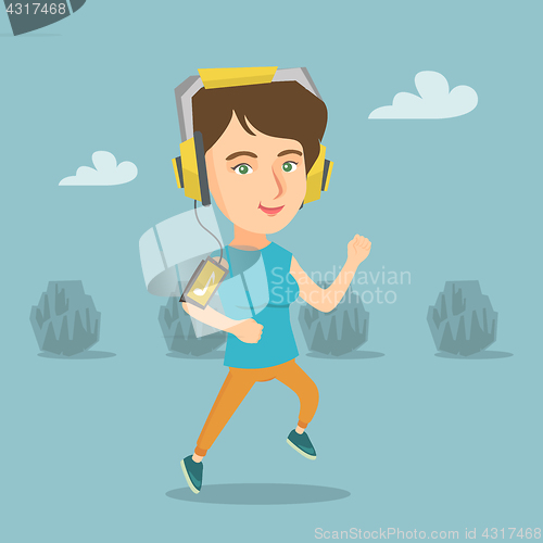 Image of Young woman running with earphones and smartphone.