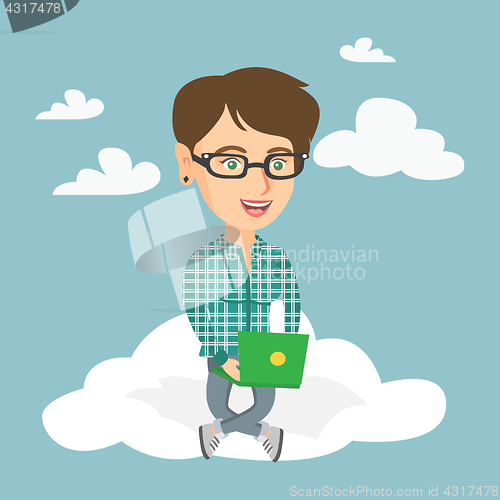 Image of Caucasian woman using cloud computing technologies