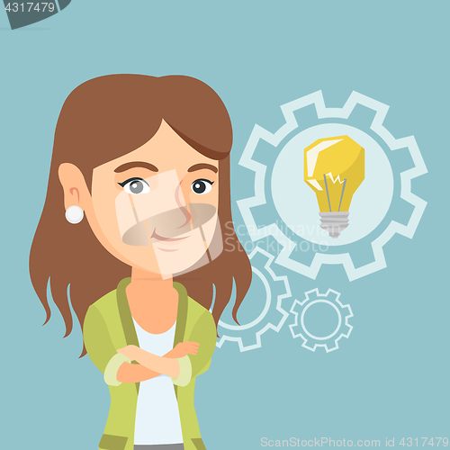 Image of Caucasian woman with a business idea bulb in gear.