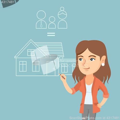 Image of Young caucasian woman drawing her family house.
