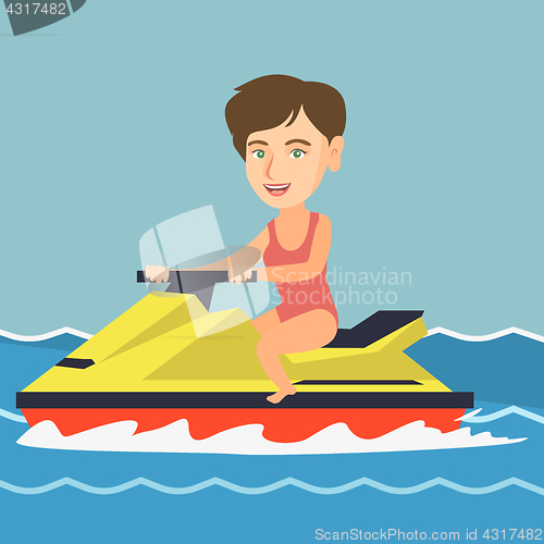 Image of Caucasian woman riding a water scooter in the sea