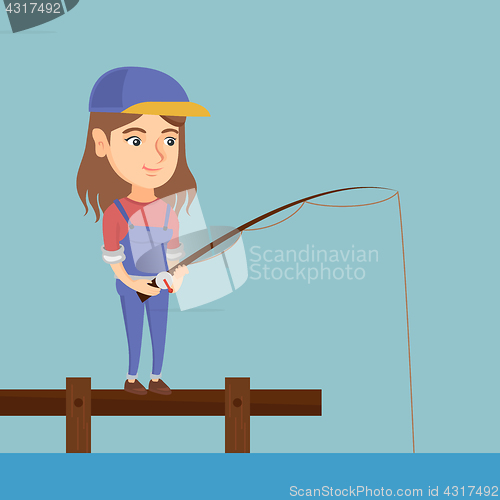 Image of Young caucasian woman fishing on jetty.