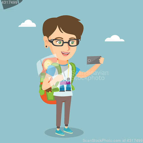 Image of Young caucasian traveler woman making selfie.