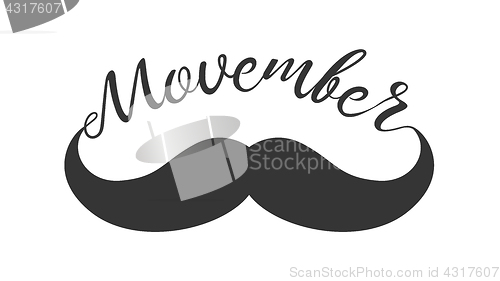 Image of Moustache and hand lettered phrase Movember.