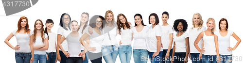 Image of group of happy different women in white t-shirts