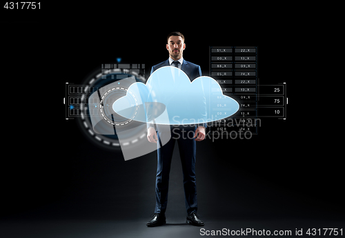 Image of businessman in suit with virtual cloud hologram