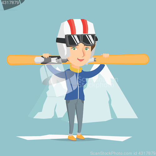 Image of Young caucasian sportswoman holding skis.
