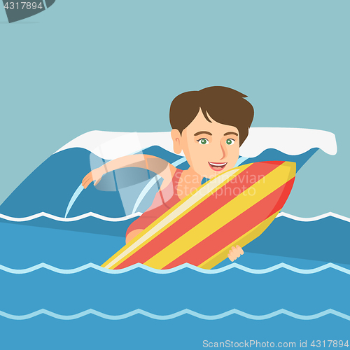 Image of Young caucasian surfer in action on a surfboard.