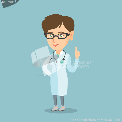 Image of Young caucasian doctor showing finger up.