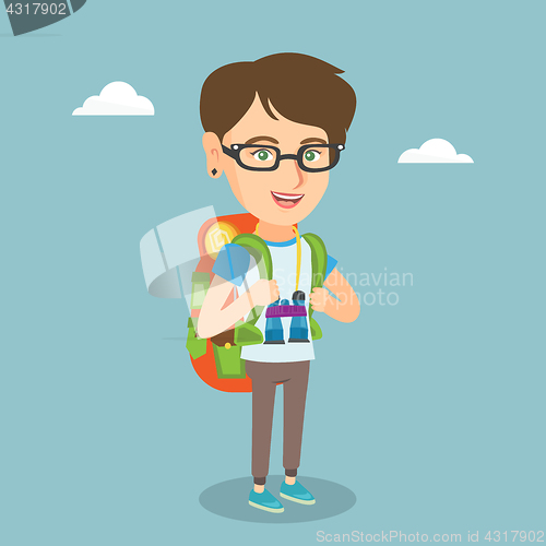 Image of Young caucasian traveler woman with a backpack.