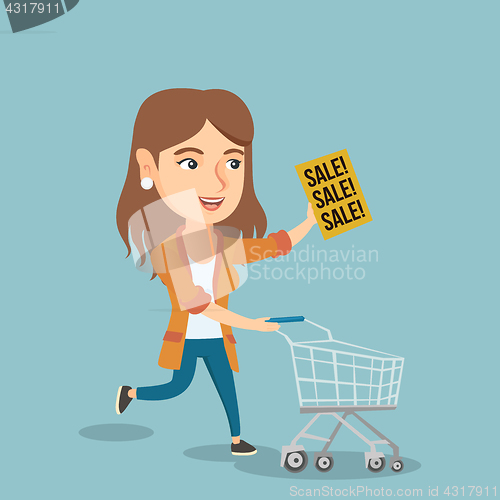 Image of Woman running in a hurry to the store on sale.