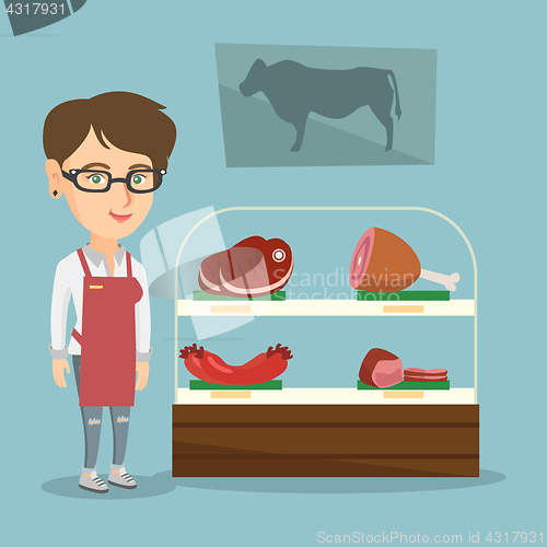 Image of Butcher offering fresh meat in the butcher shop.