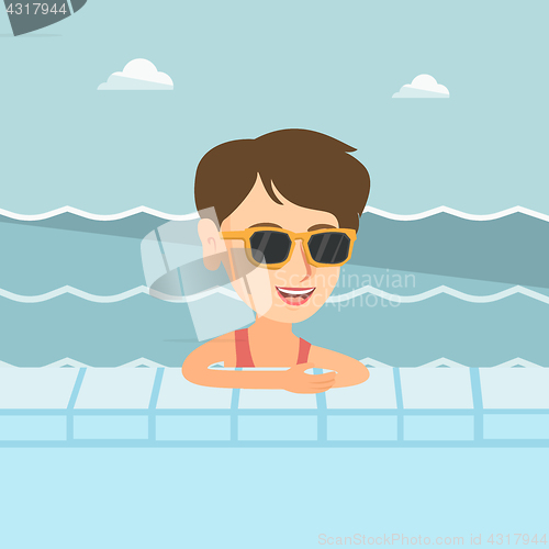 Image of Young caucasian woman relaxing in swimming pool.