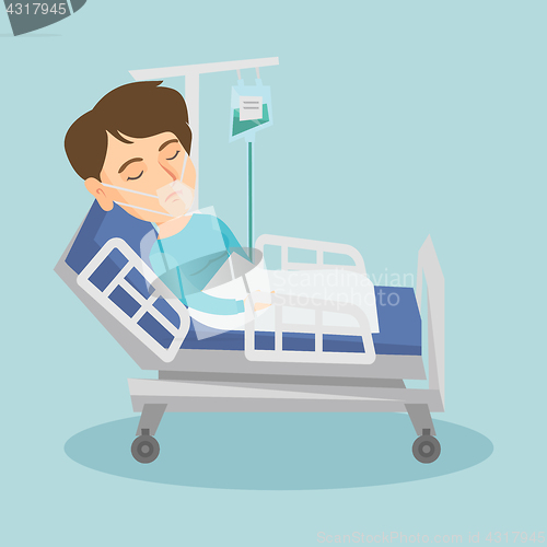 Image of Patient lying in hospital bed with oxygen mask.