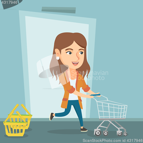 Image of Customer running into the shop with trolley.