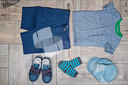 Image of Flat lay picture of boy\'s casual outfit.