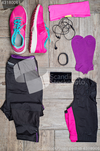 Image of Flat lay shot of woman\'s sport accessories