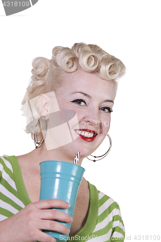 Image of Woman in pin-up dress drinking - Isolated