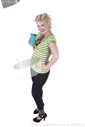 Image of Woman in pin-up dress drinking - Isolated