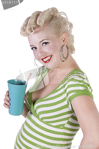 Image of Woman in pin-up dress drinking - Isolated