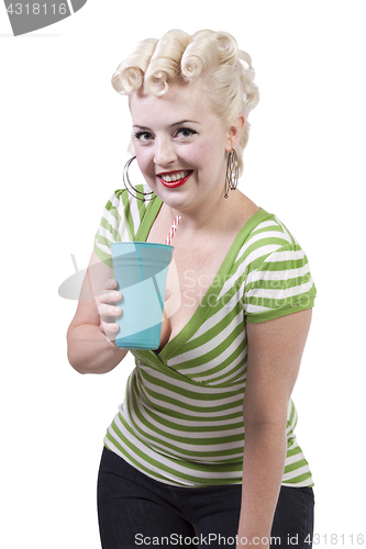 Image of Woman in pin-up dress drinking - Isolated