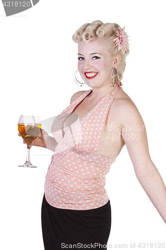 Image of Woman in pin-up dress drinking - Isolated