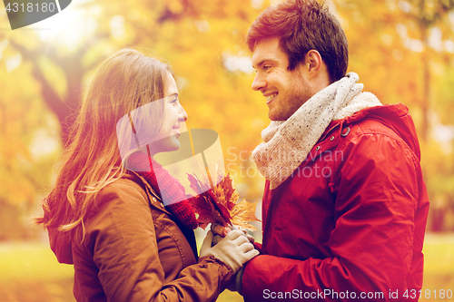 Image of happy couple with maple leaves in autumn park