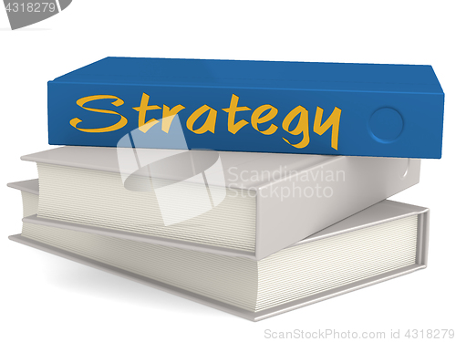 Image of Hard cover blue books with Strategy word