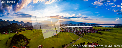 Image of Panorama from the air sunset Forggensee and Schwangau, Germany, 