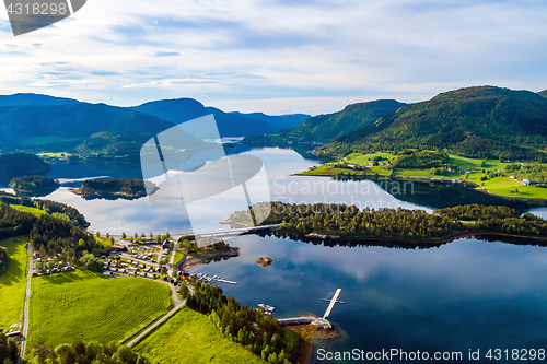 Image of Beautiful Nature Norway Aerial view of the campsite to relax.