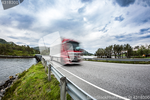 Image of Fuel truck rushes down the highway, Norwey. Truck Car in motion 