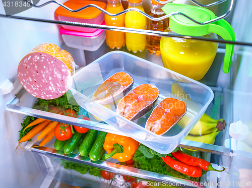 Image of Raw Salmon steak in the open refrigerator