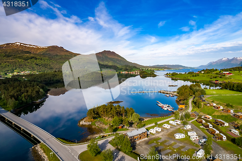 Image of Beautiful Nature Norway Aerial view of the campsite to relax.