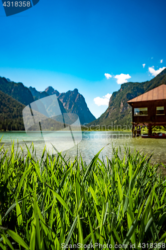 Image of Lake Dobbiaco in the Dolomites, Italy