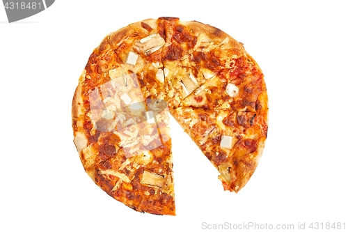 Image of Whole pizza, one slice missing