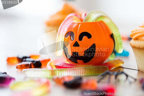 Image of gummy worms and candies for halloween party
